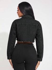SHEIN SXY 休闲水洗做旧短款牛仔夹克 - 黑色 - 查看 2