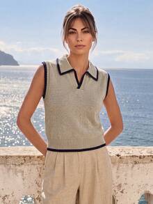 SHEIN Rosurelle New Oatmeal Color Contrast Black Trim Knit Vest, Polo Collar Half-Button Design, Contrast Binding Decoration, Sleeveless Slim Fit, Soft Knit Fabric With Delicate Ribbed Texture, Low Saturation Oatmeal Color For High-End Look, Light Retro Preppy Style, Minimalist Relaxed Vibe, Versatile All-Match For Spring Layering, Inner Wear, Commute, Office, Campus, Youthful Outfit, Contrast Binding Adds Layering, Polo Collar Looks Sharp, Loose Fit Conceals Body Without Bulk - Khaki - View 2