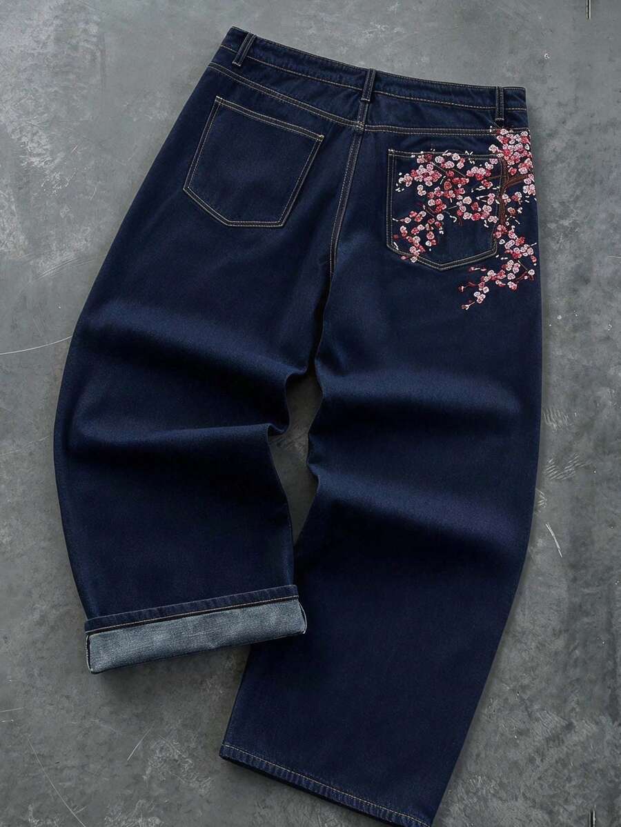 AXEPEAK 男士刺繡深藍色長褲 - 藍色 - 查看 1