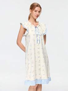 Bonmuse Piyama Kelinci Kartun Lucu Motif Acak untuk Wanita, Model Baru Ramah Kulit, Tanpa Lengan, Ikat Depan, Gaun Tidur Santai - Putih - View 4