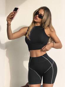 Dewbera Dewbera Colorblock Striped High Waist Seamless Sports Butt Lifting Shorts - Black - View 3