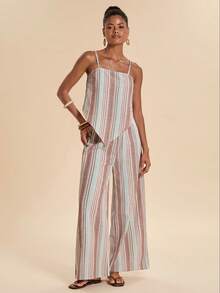 Travachic Vacation Striped Asymmetrical Hem Cami Top And Loose Long Pants 2 Pieces Set - Multicolor - View 4
