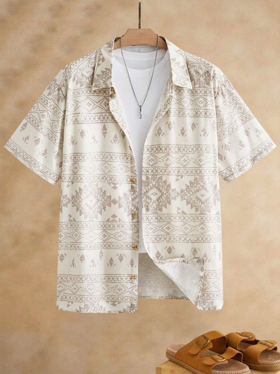 EASEVO Men's Plus Size Geometric Pattern Short Sleeve Single-Breasted Vacation Shirt Tropicoqueta - Apricot - View 1
