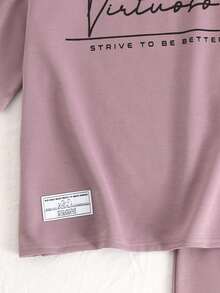 SHEIN 少女春夏灰紫色圆领针织宽松字母印花T恤上衣和阔腿休闲裤两件套 - 紫色 - 查看 6