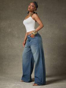 Denimoi Women's Casual Washed Distressed Wide Leg Jeans - Light Wash - View 4