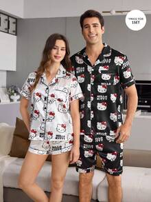 CoupledUp HELLO KITTY AND FRIENDS | SHEIN Set Piyama Pria Lengan Pendek dan Celana Pendek Motif Zebra Bahan Sutra Imitasi - Hitam - View 4