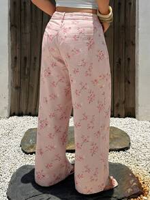 Dazy Plus Dark Wash Blue Back Pocket Bow Embroidery Straight Leg Denim Shorts Spring Summer - Pink - View 1