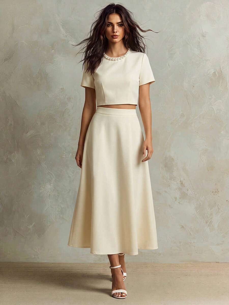 Franclia 2件套法式优雅3D串珠短袖上衣和层叠半裙套装,米色,夏季女装 - 米色 - 查看 1
