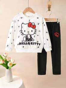 HELLO KITTY AND FRIENDS | SHEIN 女童圓領蝴蝶結印花長袖運動衫與長褲套裝，適合外出、購物與日常穿著 - 彩色 - 查看 2