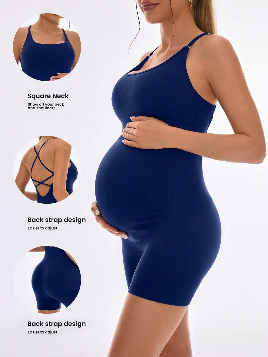 SHEIN 孕婦純色休閒日常細肩帶連身褲 - 藏蓝色 - 查看 1