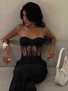 Firerie Women's Patchwork Floral Lace Fashion Sexy Shaping Bandeau Top Night Out Black Summer - Black - View 3