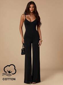 SHEIN BAE Spring/Summer Solid Black Minimalist Elegant Backless Spaghetti Strap Women's Jumpsuit, Black Backless Jumpsuit - Black - View 1