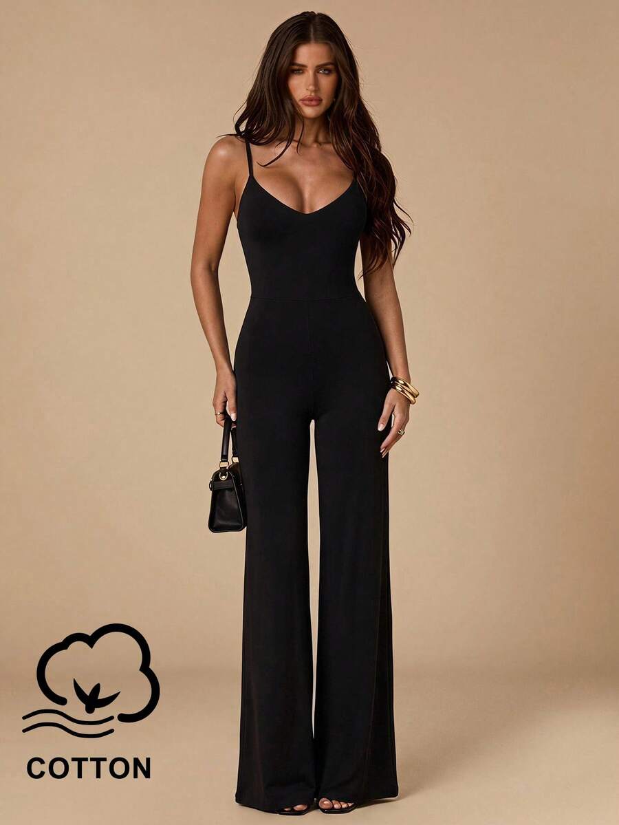 SHEIN BAE Spring/Summer Solid Black Minimalist Elegant Backless Spaghetti Strap Women's Jumpsuit, Black Backless Jumpsuit - Black - View 1