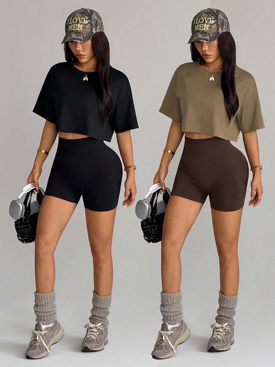 Velisys Velisys Black Short Sleeve Jacket With Seams, Seamless Black Bra And Shorts - Multicolor - View 1