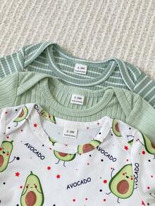 SHEIN 3pcs/Set All Season Green Series Cute Avocado Newborn Long Sleeve Footed Jumpsuits, Comfortable Soft Home Wear, Best Gift For Newborns - Green - View 4