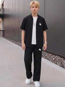 SHEIN 2件組青少年男孩寬鬆版型彩色拼接小馬Logo印花立領短袖針織上衣與長褲套裝，適合生日派對、晚會、表演、婚禮、洗禮、開幕式、日常穿著、校園穿著、旅行穿著、運動穿著，春/夏 - 黑色 - 查看 6