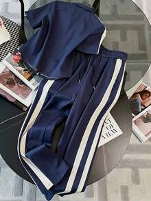 Resyla Collared Raglan Short Sleeve Cardigan Top + Casual Pants Set - Navy Blue - View 2