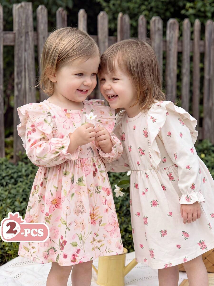 SHEIN Vintaside Kids 2件組女嬰洋裝,春秋休閒森系刺繡幼童洋裝 - 彩色 - 查看 1