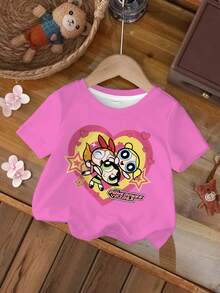 THE POWERPUFF GIRLS X SHEIN 女嬰圓領卡通印花休閒日常短袖上衣 - 白色 - 查看 7