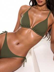 Swim Basics Conjunto de bikini de una pieza para verano, con top de triángulo de tirantes y Bottom con lazos a los lados, 2 piezas - Verde militar - Ver 2