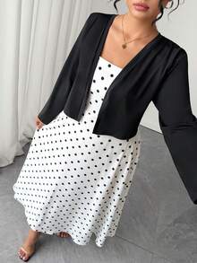 SHEIN Elenzya Plus Size 2pcs Polka Dot Spaghetti Strap Long Cinched Cinched Waist Set - Black - View 6