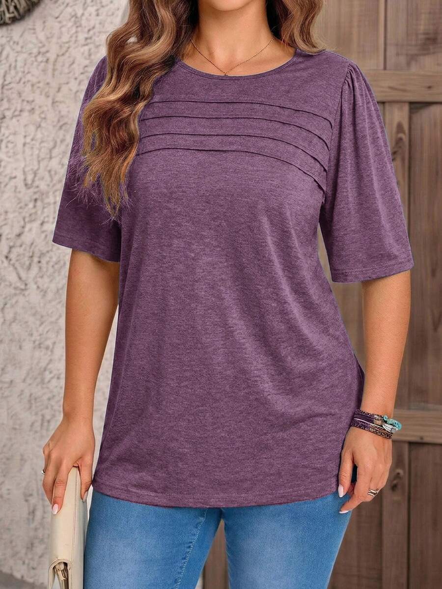 EMERY ROSE Plus Size Casual Versatile Ruched Round Neck Short Sleeve T-Shirt For Daily Wear - Purple - View 1