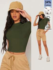 SHEIN BASICS 女款純色休閒圓領短袖短版T恤上衣 白色上衣 - 軍綠色 - 查看 3