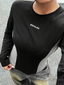 Dazy Plus Letter Print Colorblock Slim Fit Long Sleeve Casual Street Style Spring Autumn T-Shirt - Black - View 7