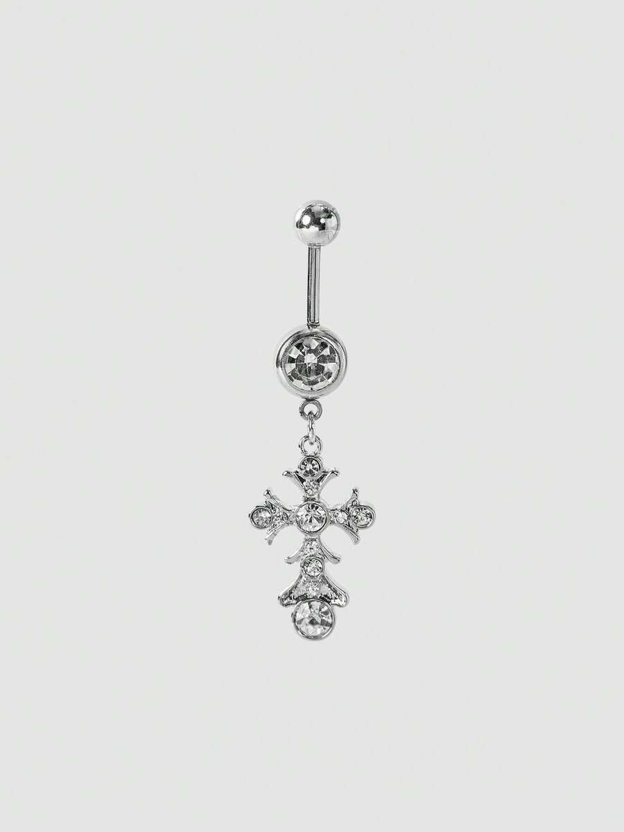 MortiRose 1pc Silver Casual Fashion Rhinestone Cross Navel Ring, Suitable For Women Birthday Party - Silver - View 1