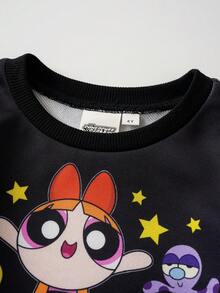 THE POWERPUFF GIRLS X SHEIN 1pc Cute & Fun Style Young Girl Cartoon Print Crew Neck Long Sleeve Comfortable Sweatshirt - Black - View 3