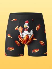 Notgurli Men's Underwear Cartoon Roast Chicken Leg Graphic Long‑Leg Boxer Briefs, Playful Novelty Casual Bott - Black - View 1