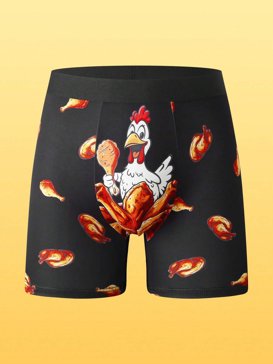Notgurli Men's Underwear Cartoon Roast Chicken Leg Graphic Long‑Leg Boxer Briefs, Playful Novelty Casual Bott - Black - View 1