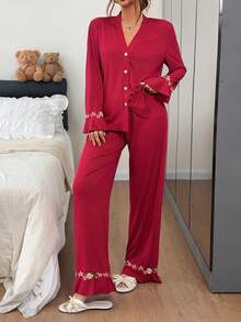 Napfluff Women's Colorful Embroidered Floral Trim Ruffle Long Sleeve Pajama Set, Burgundy Ribbed Knit Fabric, Comfortable Elegant Detail Autumn/Winter Clothing - Red - View 5