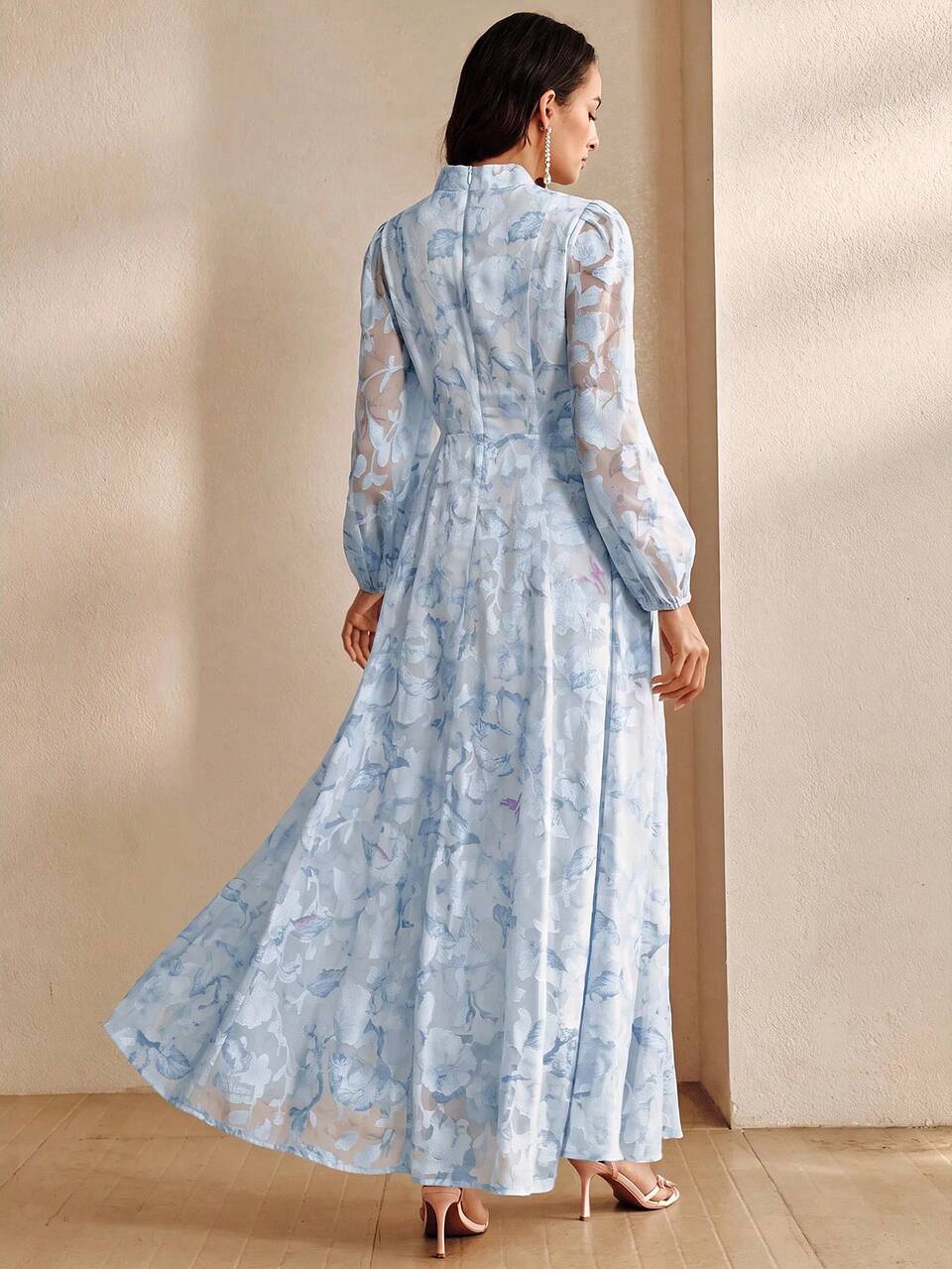 Anewsta Women's Elegant Chiffon Printed Long Sleeve Maxi Romantic Dress, Holiday Party Gown