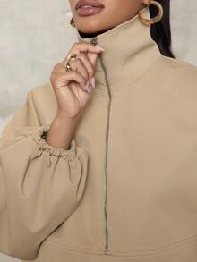 Hauture Women's Casual Oversized Half Zip Stand Collar Pockets Outerwear Trucker Jacket, Perfect For Fall, Commuter Friendly, Travel, Office Wear - Khaki - View 6