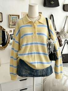 Lalippa Sweater Rajut Bergaris Blok Warna untuk Wanita - MultiWarna - View 5