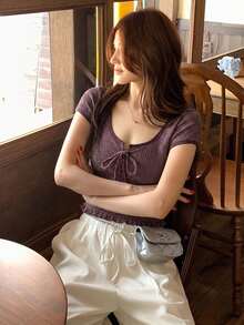 DAZY Kaos Wanita Lengan Pendek Slim Fit Serbaguna Kasual dengan Desain Colorblock - Coffee Brown - View 6