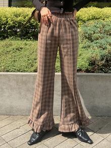 FRIFUL Women's Plaid Elastic Waist Commuter Flare Leg Pants Fall - Brown - View 4