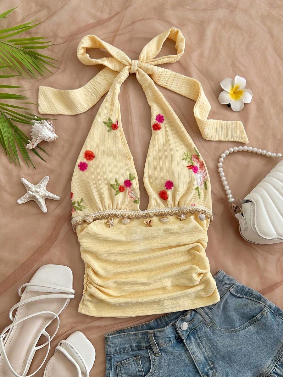 Soleia Women's Floral Pattern Shell And Starfish Decor Pleated Halter Top - Multicolor - View 1