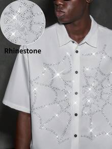 NEON BLANC Camisa de manga corta para hombre con patrón de malla de telaraña con strass y abotonadura sencilla - Blanco - Ver 1