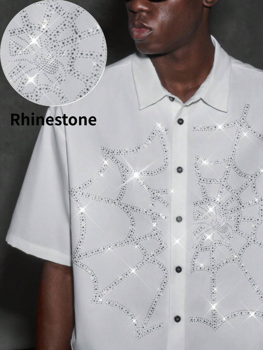 NEON BLANC Camisa de manga corta para hombre con patrón de malla de telaraña con strass y abotonadura sencilla - Blanco - Ver 1