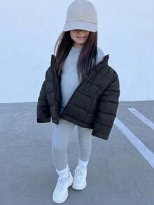 Hapijoa Young Girl Winter Casual Versatile Solid Color Jacket - Black - View 2