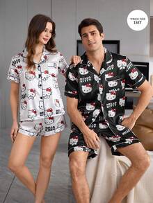 CoupledUp HELLO KITTY AND FRIENDS | SHEIN Set Piyama Pria Lengan Pendek dan Celana Pendek Motif Zebra Bahan Sutra Imitasi - Hitam - View 1
