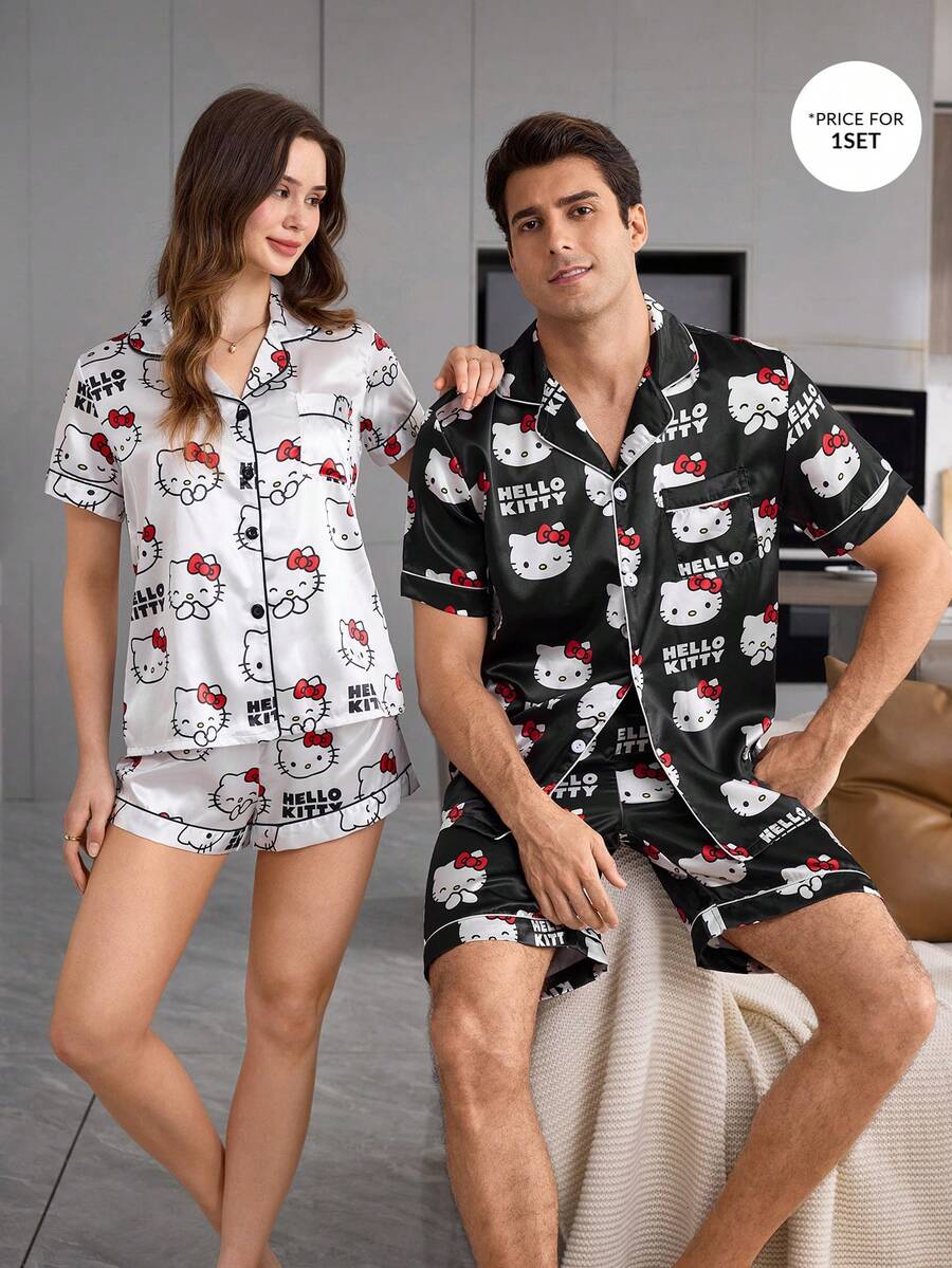 CoupledUp HELLO KITTY AND FRIENDS | SHEIN Set Piyama Pria Lengan Pendek dan Celana Pendek Motif Zebra Bahan Sutra Imitasi - Hitam - View 1