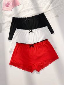 PetitDoll 3 piezas/Set de bragas informales para mujer con paneles de encaje y ribete acanalado tipo pantalón corto - Multicolor - Ver 1