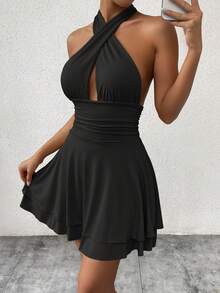 Femesol Women's Simple Solid Color Sleeveless Backless Mini Dress With Neck Strap Halloween - Black - View 7