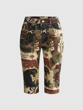 Summer Vacation Music Festival Retro New Chinese Style Patchwork Print Low Waist Tight Denim Shorts