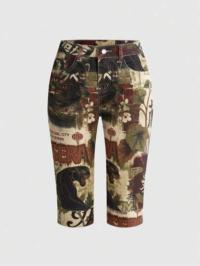 Conjunto de verano para vacaciones y festival de música, shorts vaqueros ajustados de cintura baja con estampado patchwork estilo chino retro nuevo