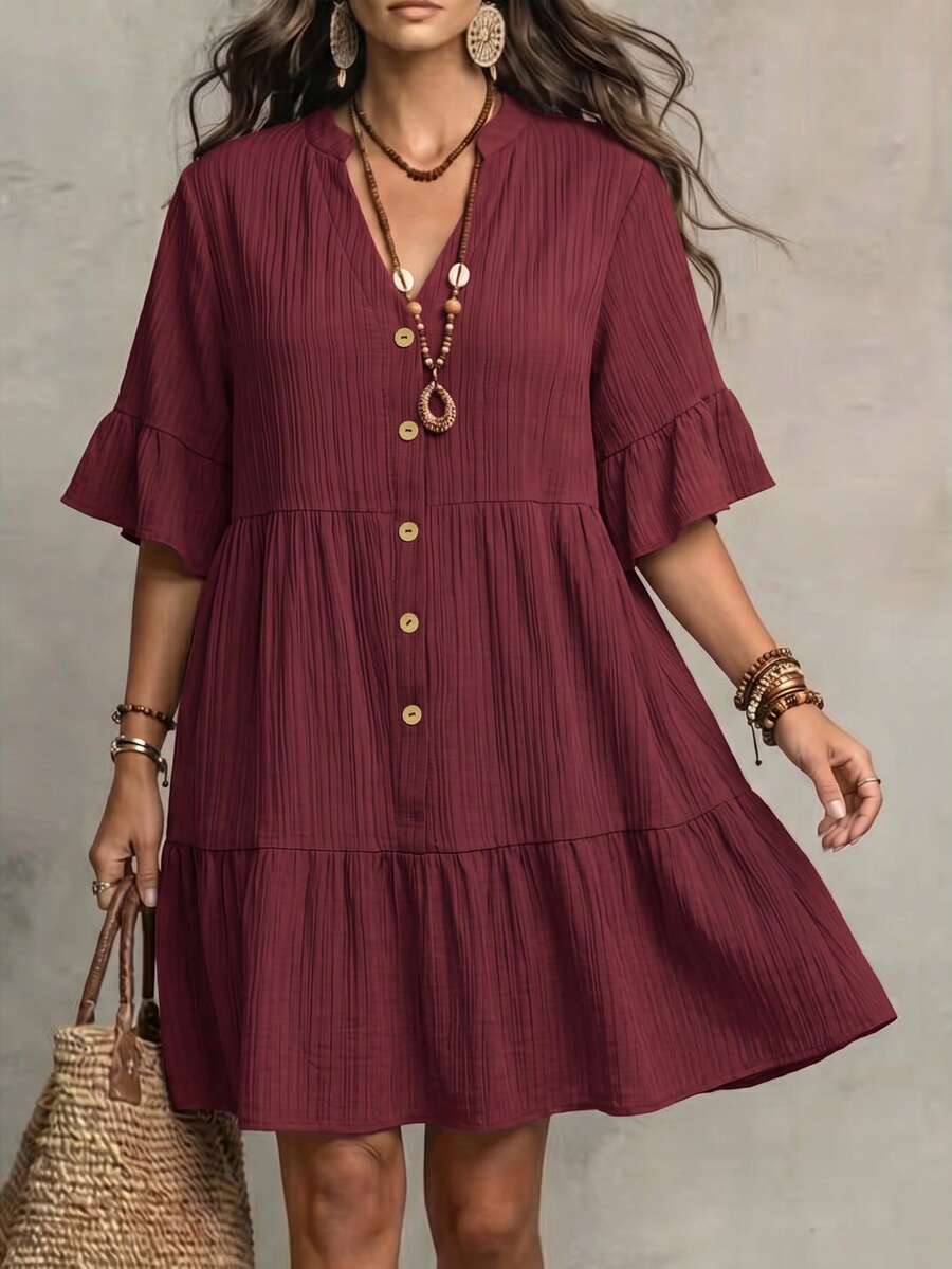 Linhara CURVE Vestido de vacaciones de talla grande con textura, botones y bajo con volantes - Rosa vieja - Ver 1