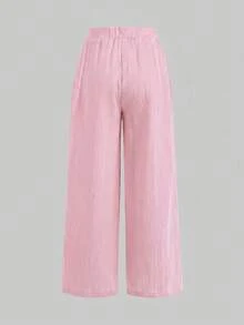 SHEIN 青少年女孩休閒梭織紋理蝴蝶結寬鬆寬腿長褲 2件組，休閒度假風 - 彩色 - 查看 9